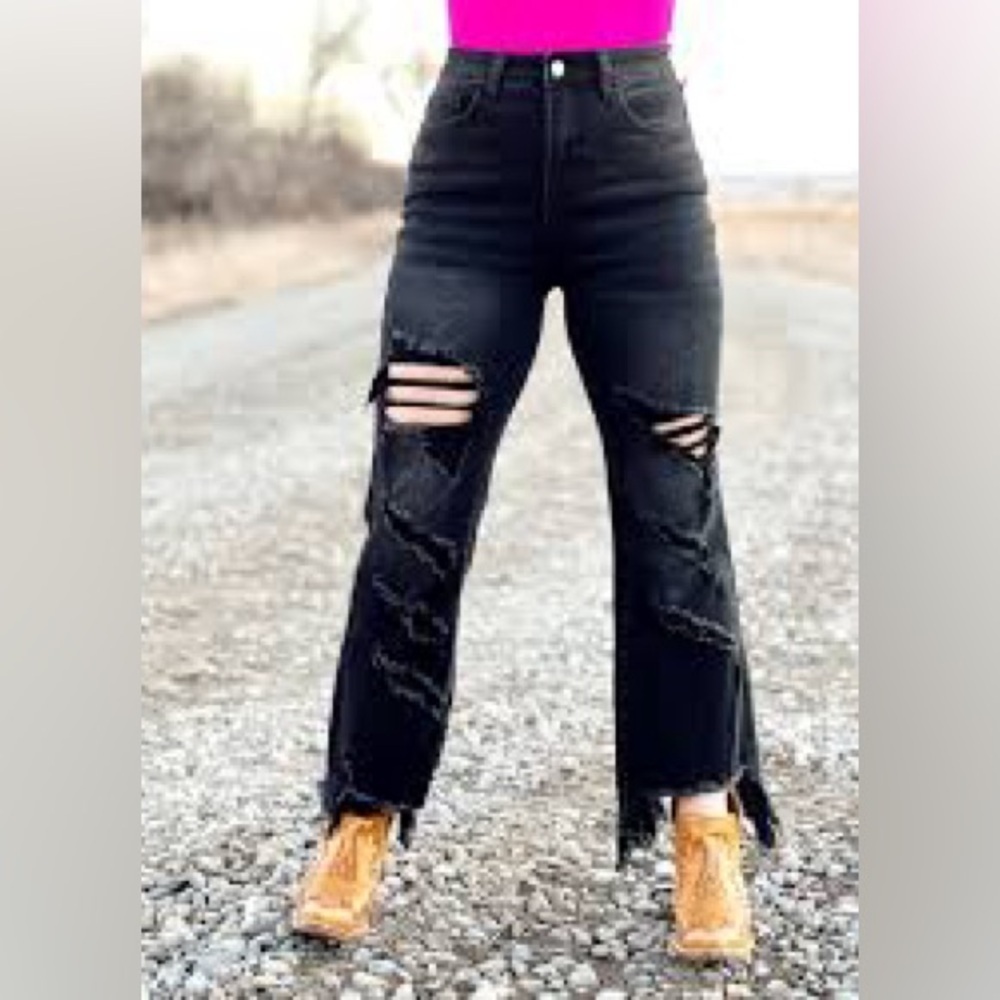 Blakely Jeans Size 16 High Waisted, Wide Leg Distressed Black Denim Frayed Hem
